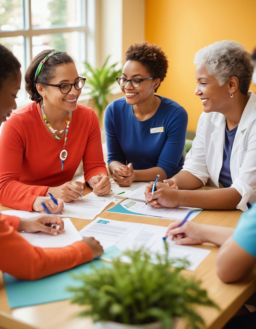 A diverse group of individuals engaged in a supportive discussion in a bright, inviting community center, surrounded by educational materials on oncology. Include symbols of hope, like ribbons or plants, to evoke wellness. The atmosphere should feel warm and encouraging, showcasing connection and empowerment in the face of adversity. bright colors. illustrative style. natural lighting.