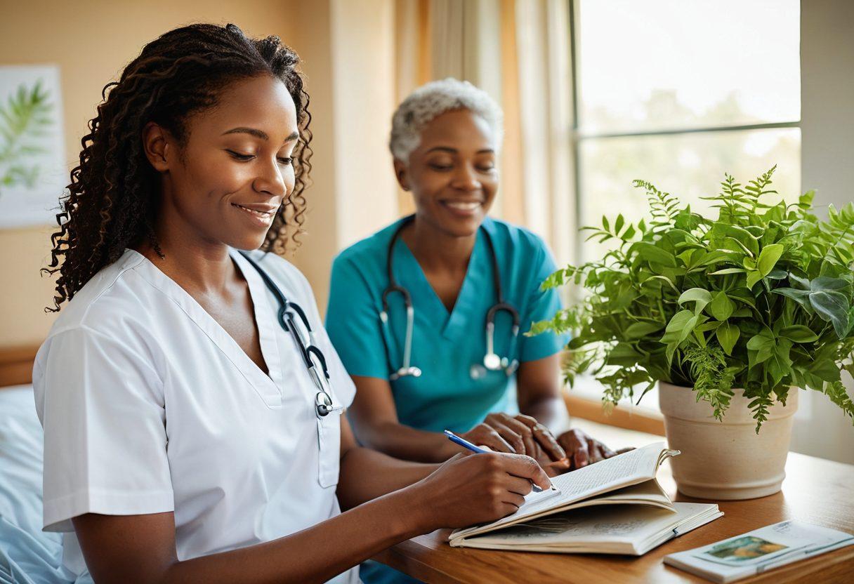 A compassionate caregiver helping a patient in a serene, well-lit hospital room filled with vibrant plants and supportive resources like books and pamphlets on the table. The patient looks hopeful while holding a colorful journal, symbolizing their journey from symptoms to survivorship. Soft sunlight casts a warm glow, creating an optimistic atmosphere. super-realistic. vibrant colors. warm lighting.